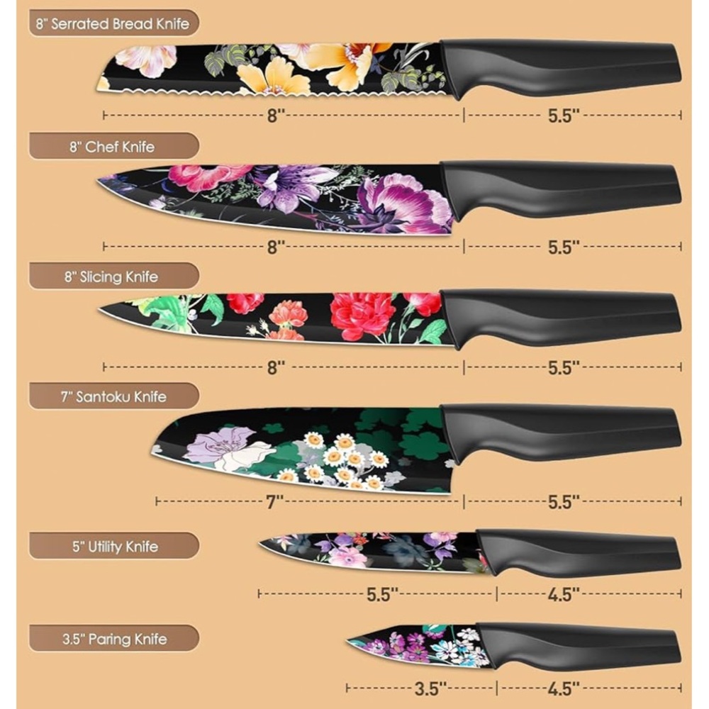 👨🍳”ASTERCOOK KNIFE SET” 12 PIECE FLOWER KITCHEN KNIFE SET & BLADE GUARDS❗️ - Picture 3 of 6